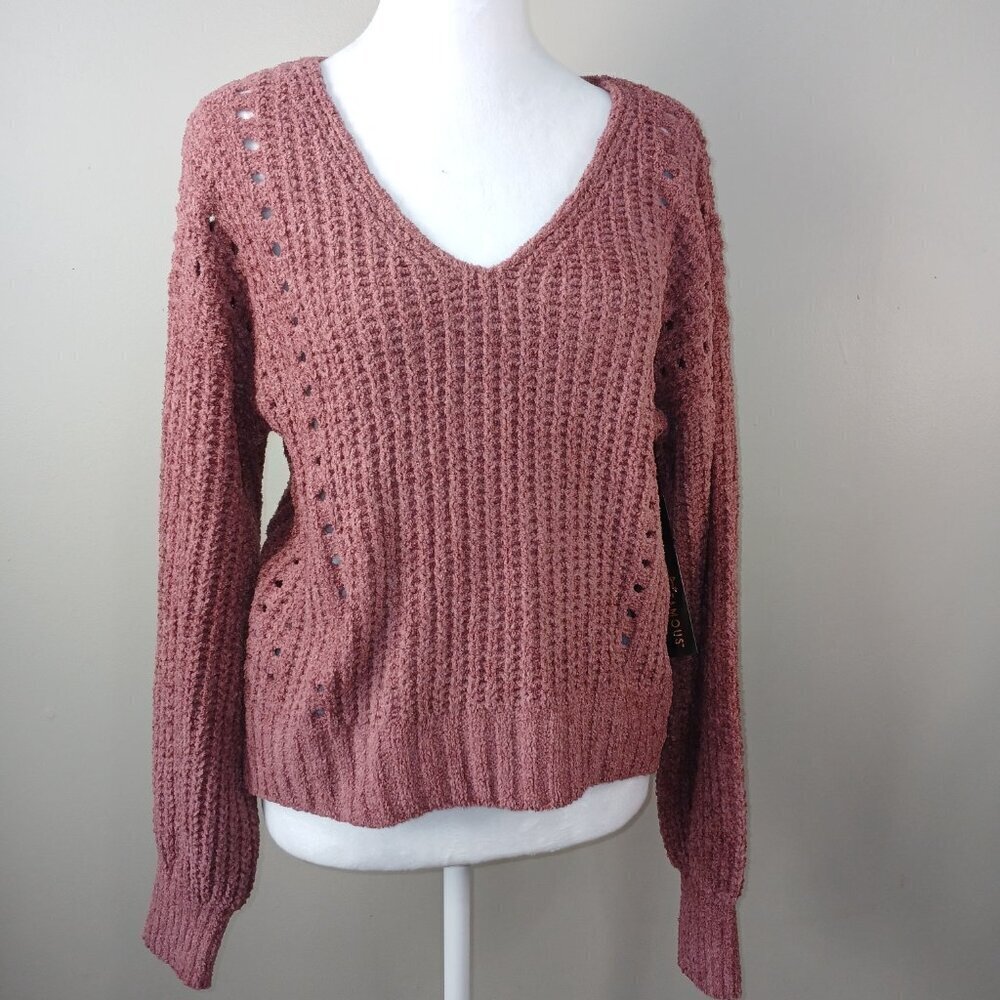 ALMOST FAMOUS CHUNKY V NECK CHENILE SWEATER DEEP ROSE COLOR WOMENS SIZE MED NWT